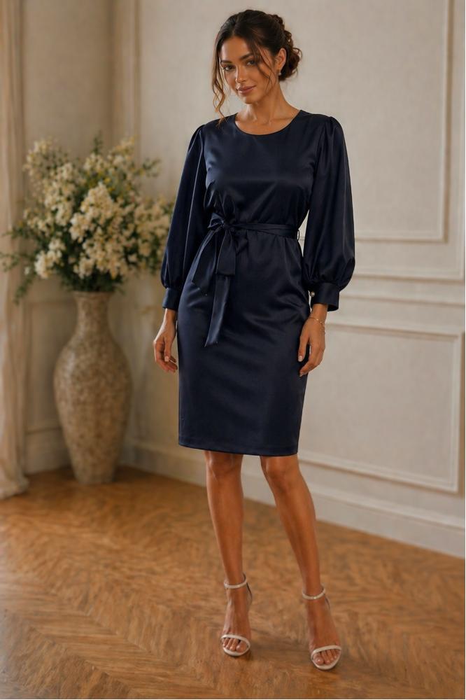 Tmavomodré saténové puzdrové šaty Silk